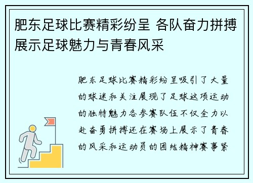 肥东足球比赛精彩纷呈 各队奋力拼搏展示足球魅力与青春风采