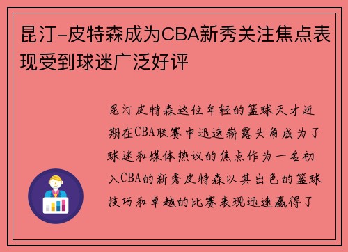 昆汀-皮特森成为CBA新秀关注焦点表现受到球迷广泛好评